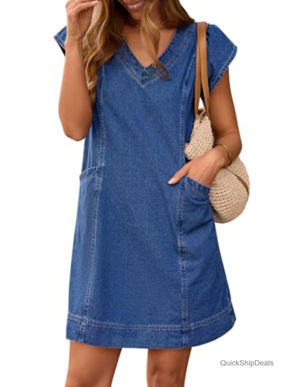 Denim Shift Dress V-Neck Short Sleeve Casual Pockets